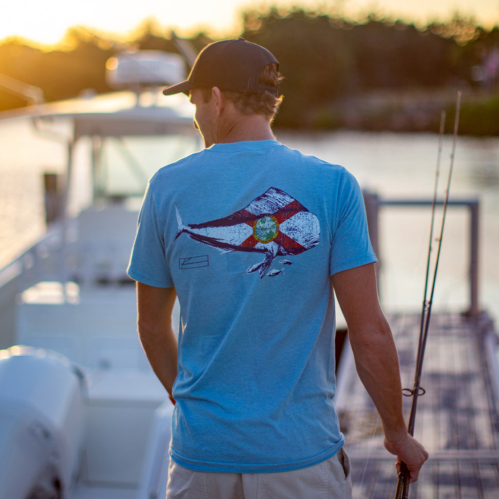 Mahi Flag Fishing T-Shirt - Light Blue Heather